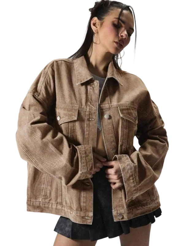 Women's Plain Button Front Drop Shoulder Denim Coat