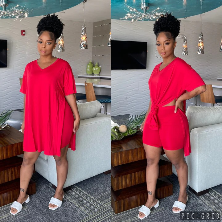 Women's 2-Piece Lounge Set Casual Oversized V-Neck Tops and High Waisted Shorts Set