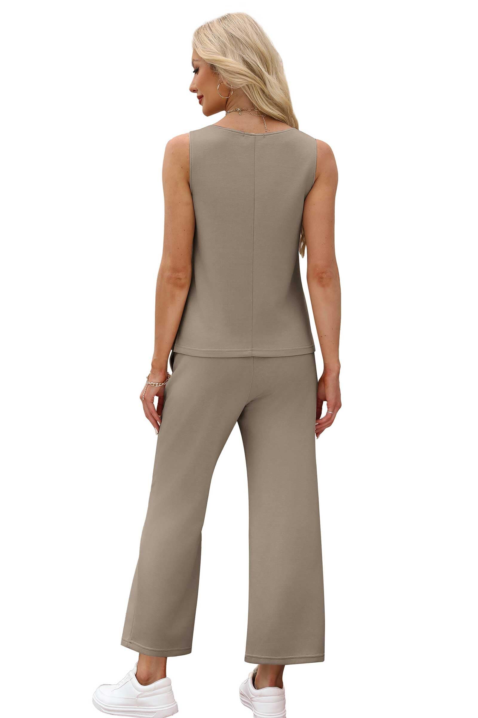Two Piece Sets for Women Spring/Summer Lounge Sets-Crew neck sleeveless tops with wide leg crop pants