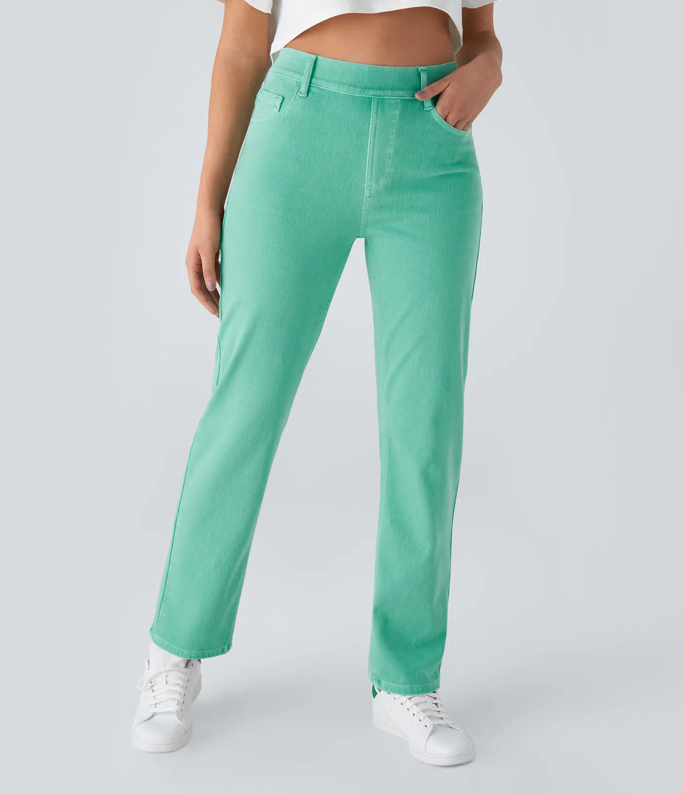 High Waisted Multiple Pockets Straight Leg Colorful Stretchy Knit Casual Jeans