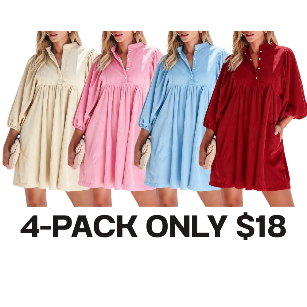 Women’s Corduroy Snap Buttons Empire Waist Bracelet Sleeve Plain Dress with Puff Sleeves