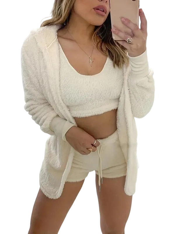 Women's 3-Piece Plush Pajama Set: Drop Shoulder Hoodie, Crop Top & Shorts