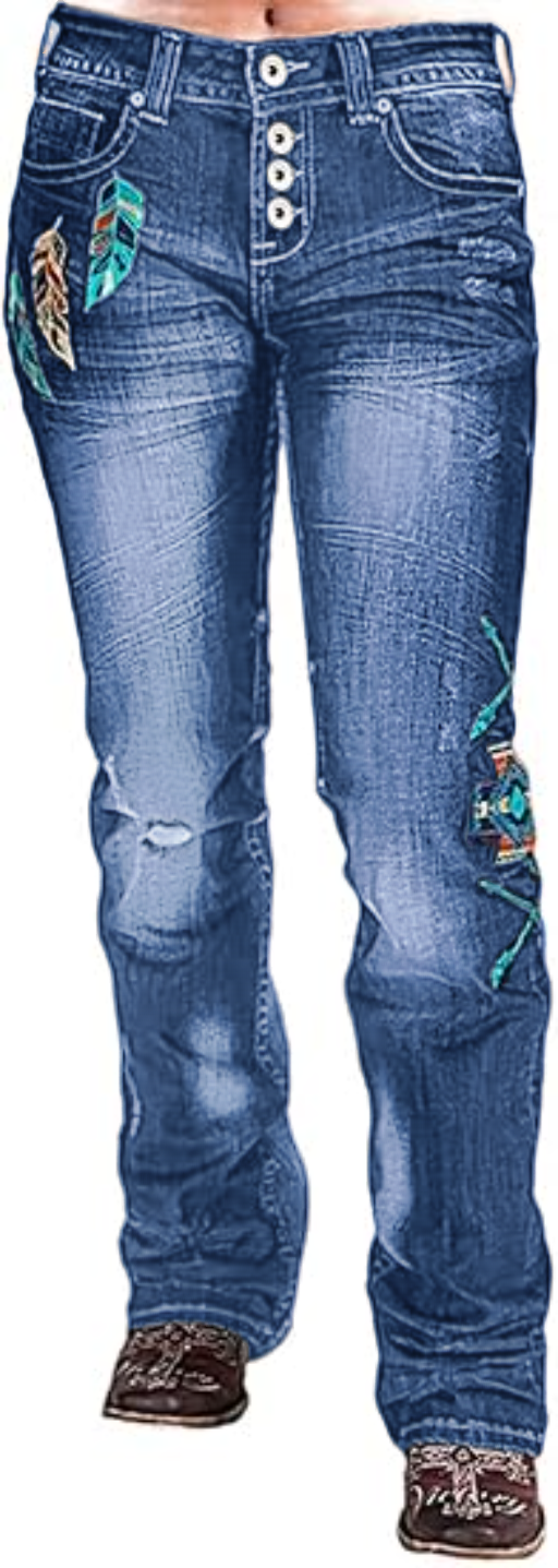 Women Floral Bootcut Jeans Mid Waist Ripped Jeans Vintage Denim Pants with Pockets