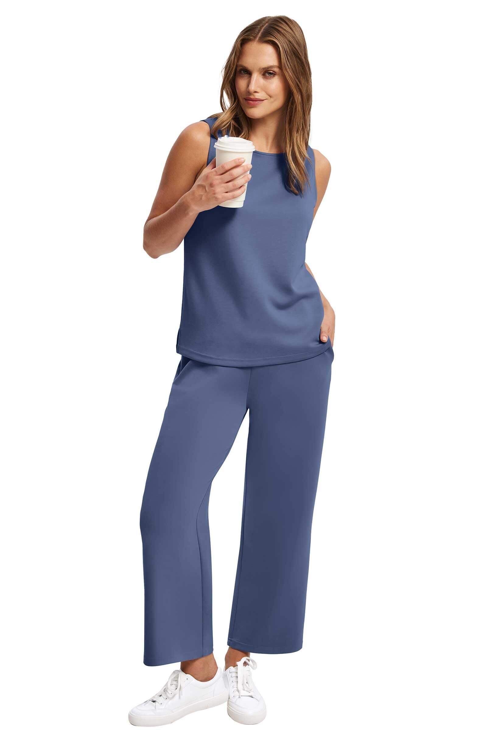 Two Piece Sets for Women Spring/Summer Lounge Sets-Crew neck sleeveless tops with wide leg crop pants