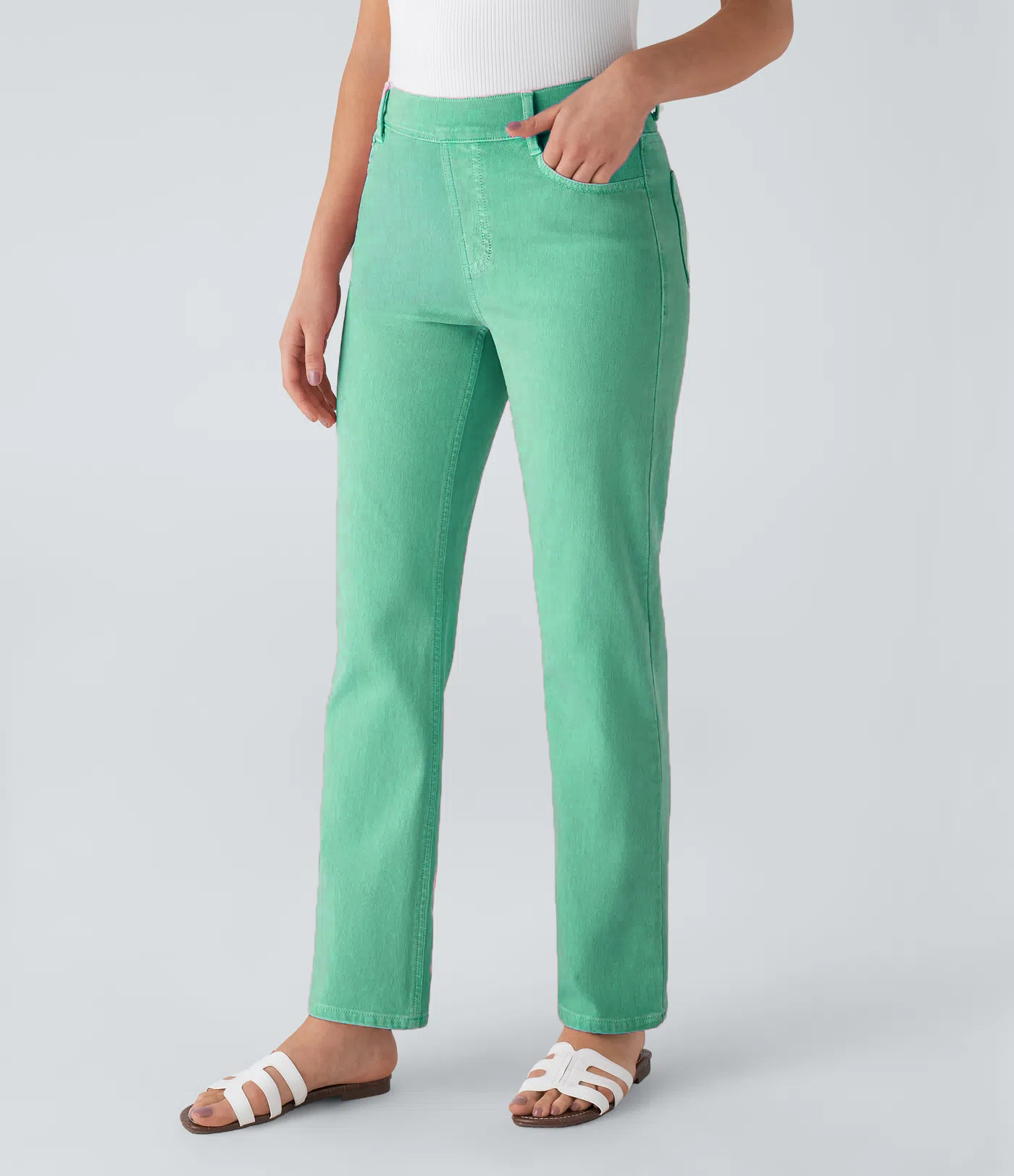 High Waisted Multiple Pockets Straight Leg Colorful Stretchy Knit Casual Jeans