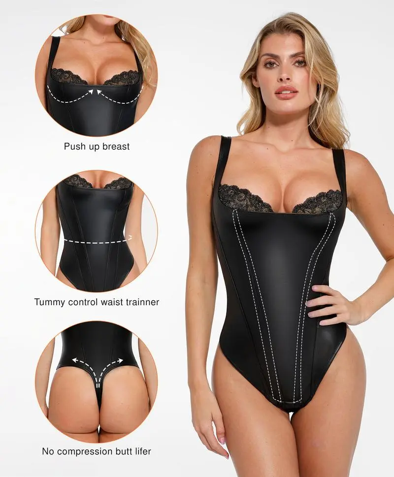 Women’s Faux Leather Corset Bodysuit with Lace Trim