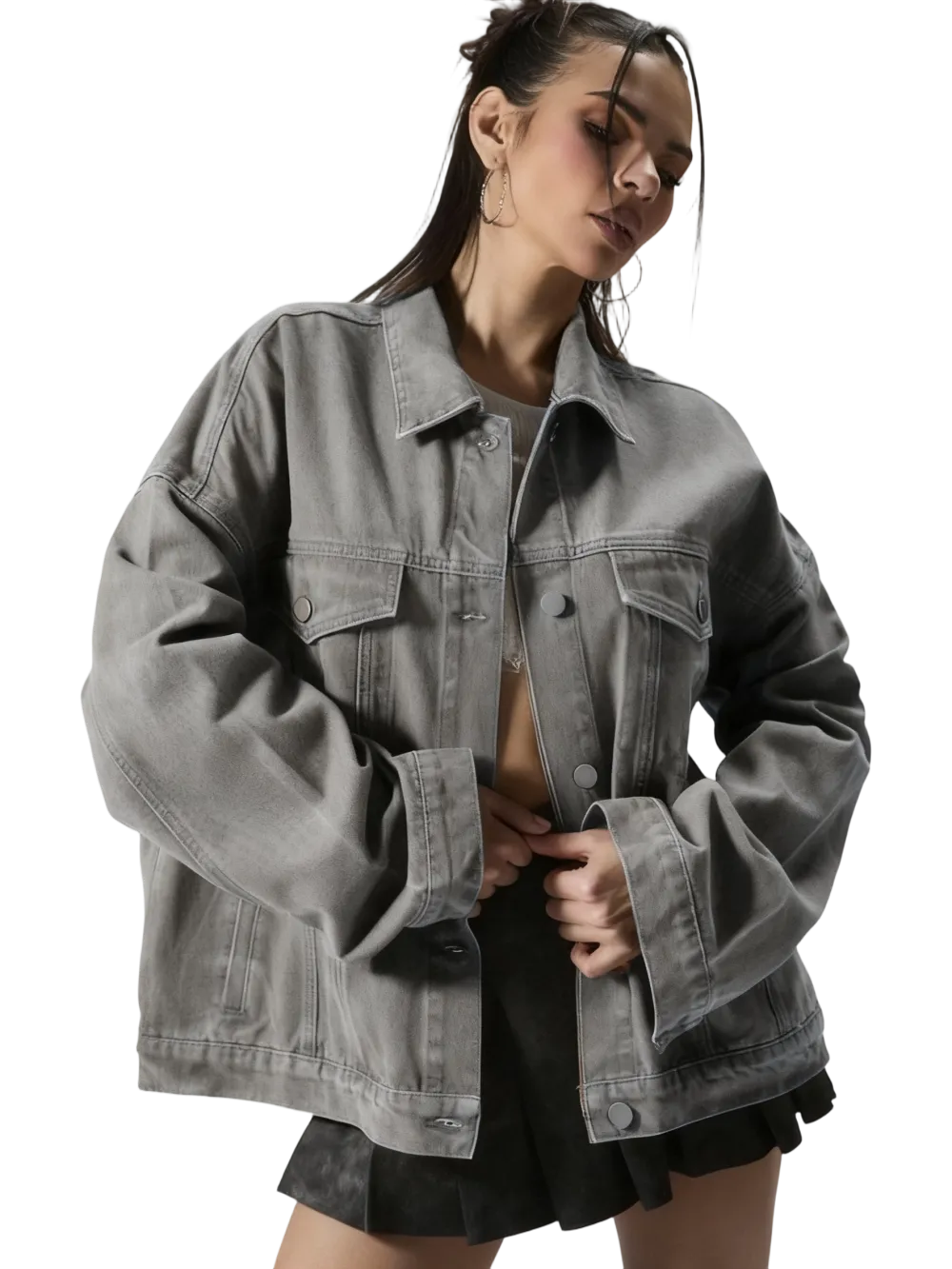 Women's Plain Button Front Drop Shoulder Denim Coat