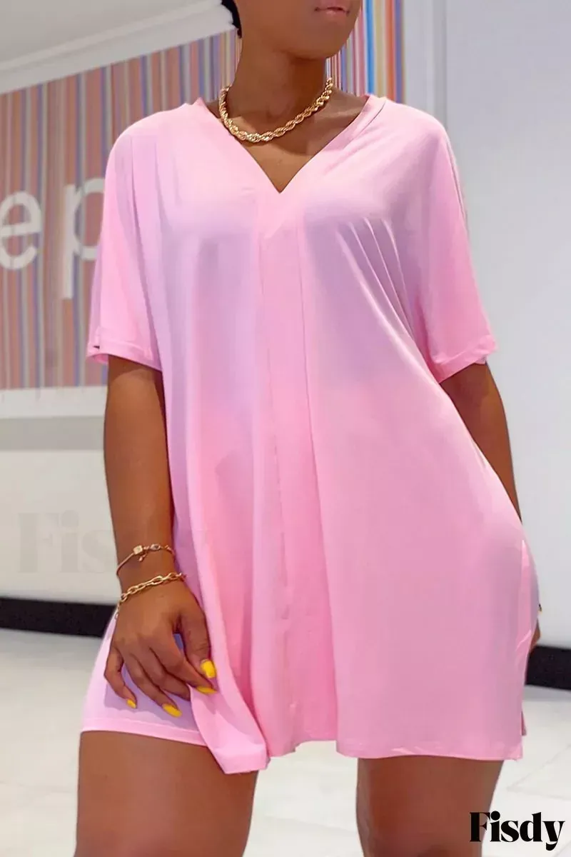 Women's 2-Piece Lounge Set Casual Oversized V-Neck Tops and High Waisted Shorts Set