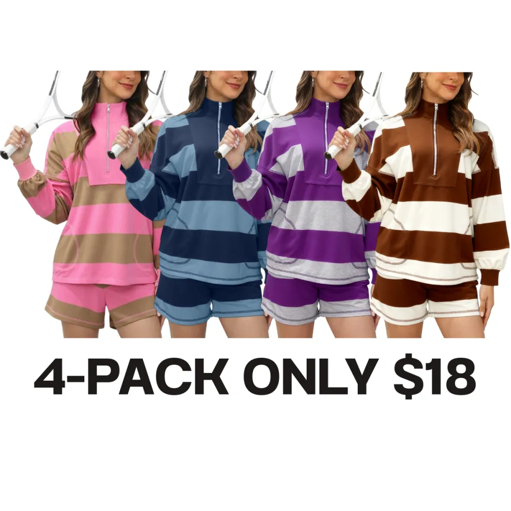 Women's Lounge Set 2 Piece Striped Long Sleeve Half Zip T-Shirt & Shorts Workout Tracksuit