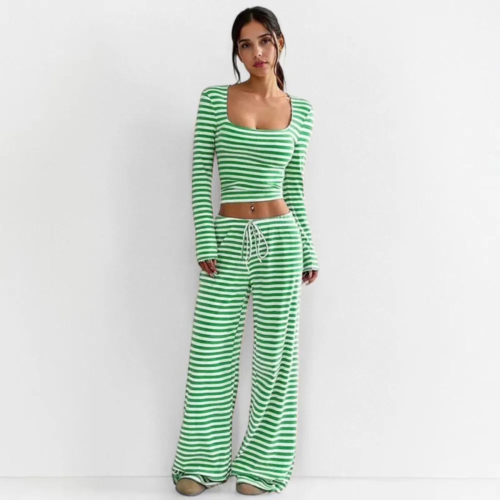 Women's 2 Piece Outfit Striped Square Neck Long Sleeve Crop Tops and Pants Set