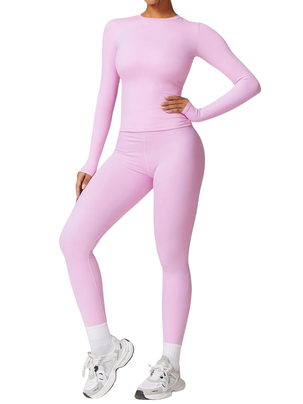 🔥Women’s High‐Elastic Patchwork Active Set – Long Sleeve Slim Fit & Compression Pants