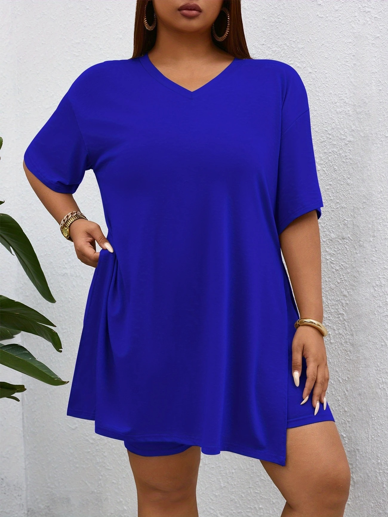 Women's 2-Piece Lounge Set Casual Oversized V-Neck Tops and High Waisted Shorts Set