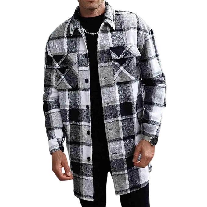 Men's Plaid Long Loose-Fit Coat