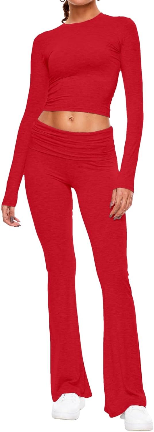 Women's 2 Piece Lounge Sets Fold-over Flare Pants Set Long Sleeve Crop