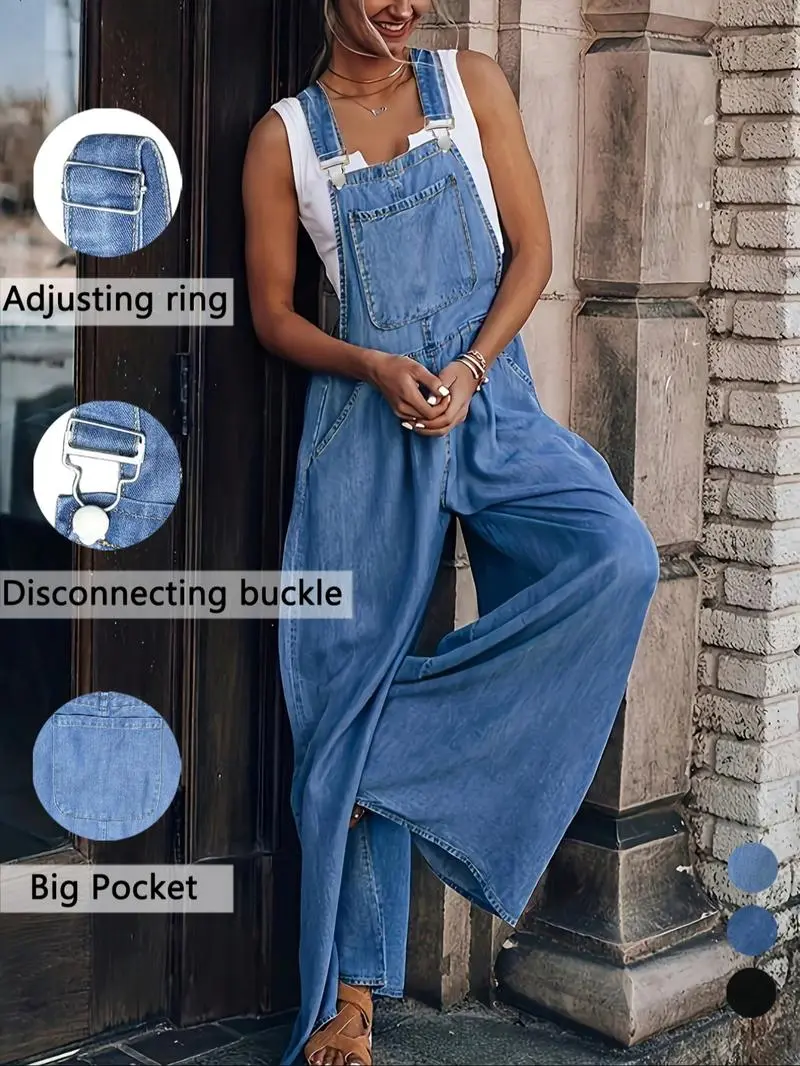 Women's Denim-Print Wide Leg Overalls Jumpsuit