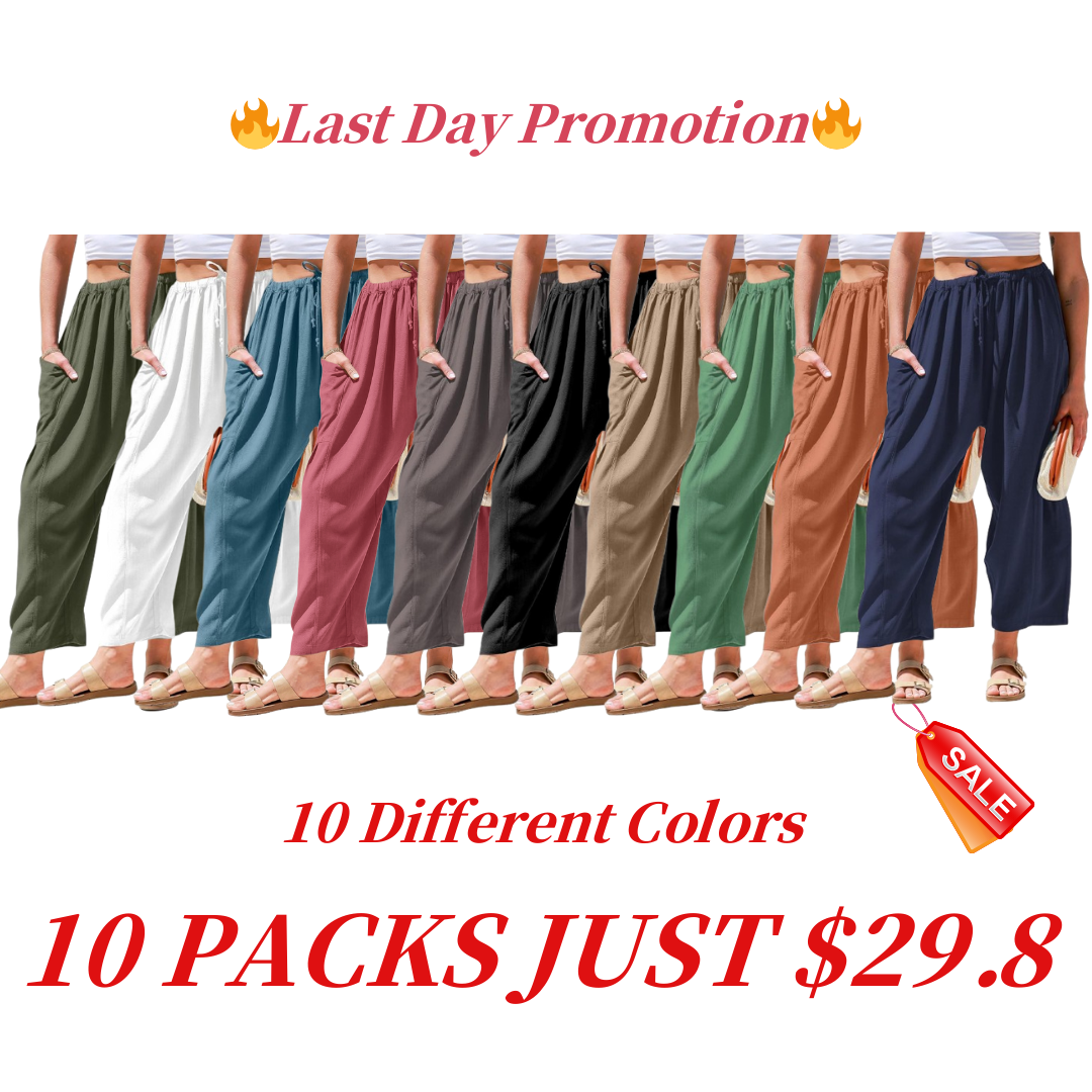 Womens Linen Wide Leg Pants Casual Loose Drawstring Low Waist Beach Palazzo Harem Pants with Pockets