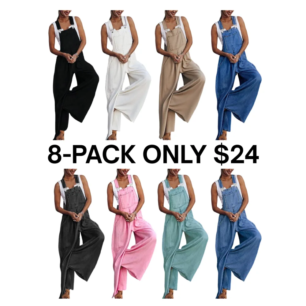 Women's Denim-Print Wide Leg Overalls Jumpsuit