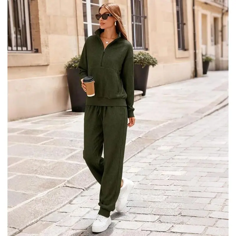 Women's 2-Piece Ribbed Half-Zip Sweatshirt & Jogger Pants Set