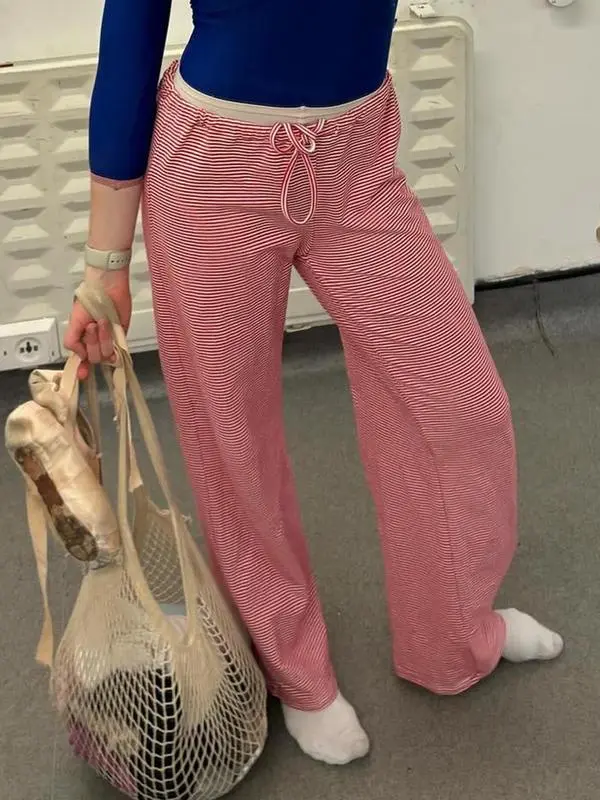 Women's Striped Print Drawstring Waist Straight Leg Pants