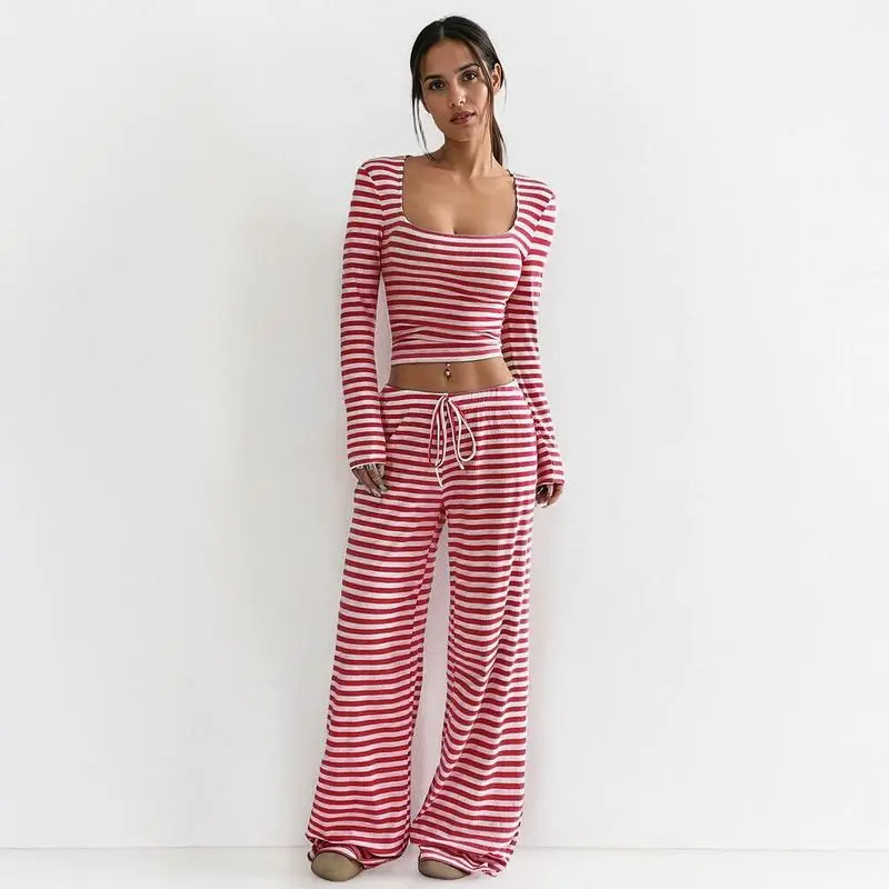 Women's 2 Piece Outfit Striped Square Neck Long Sleeve Crop Tops and Pants Set