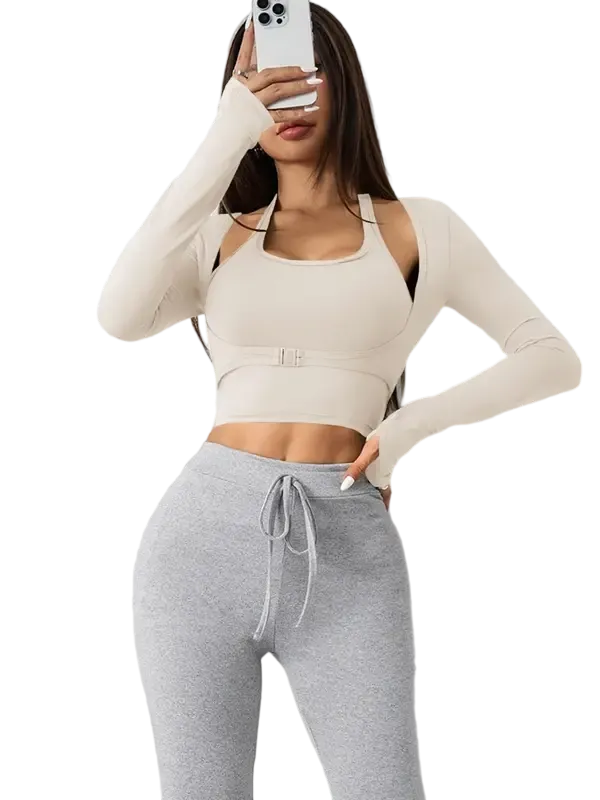 Women’s Halter & Thumb Hole Sports Top Set– Sleeveless & Buckle Front for Gym & Yoga