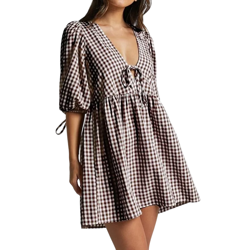 Women's Maternity Plaid Dress, Half Sleeve Bow Square Neck Loose Short Dress