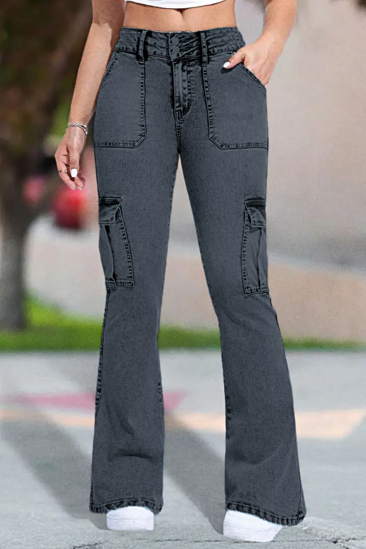 Multi Pocket Double Button Mid Rise Flare Cargo Jeans