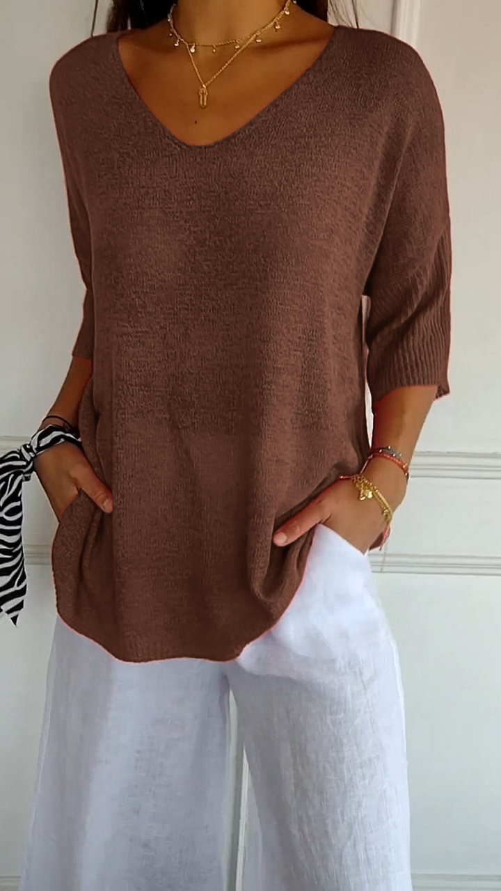 Solid Color Knitted V-neck Top