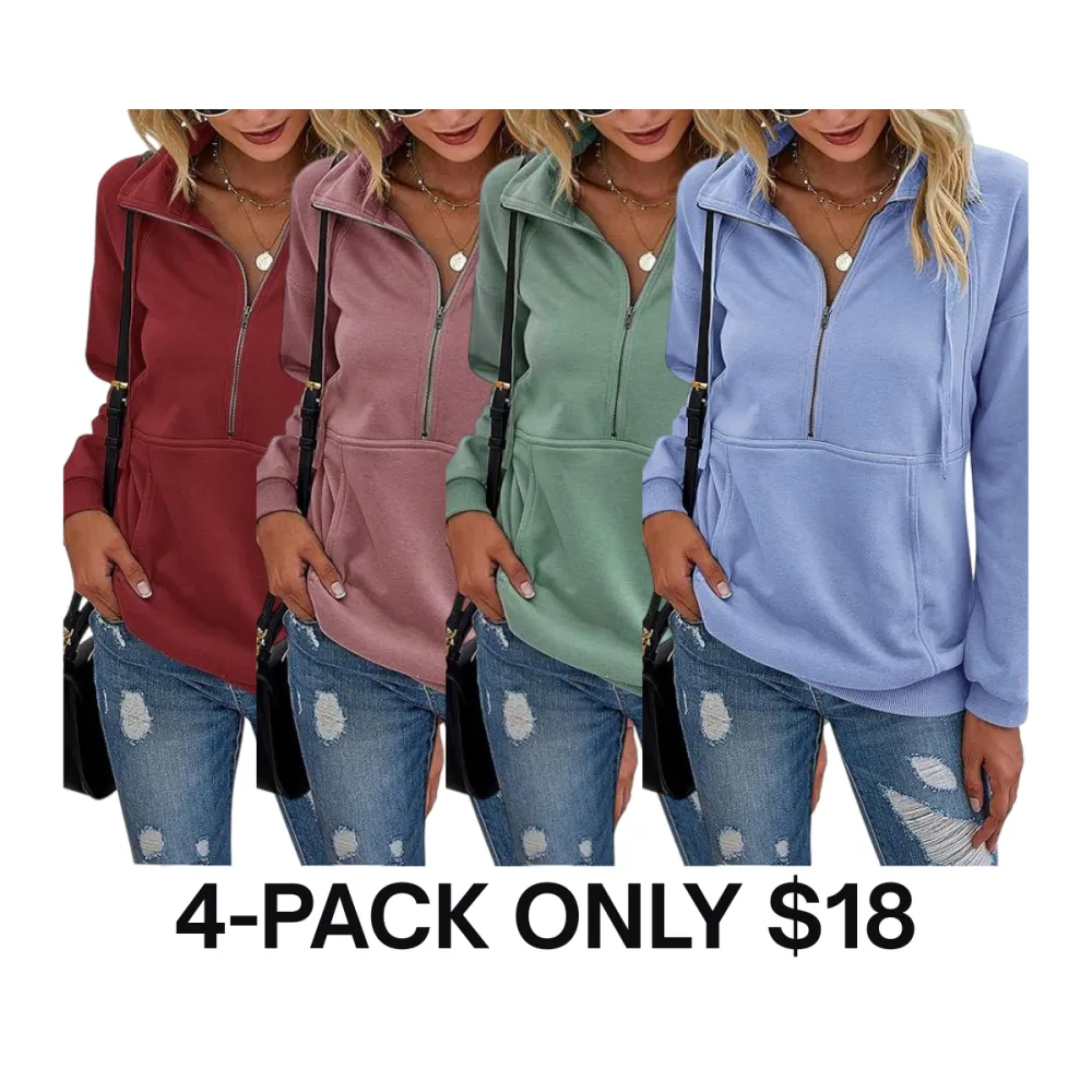 Women’s Soft Long Sleeve Drawstring Pullover Casual Loose Sweatshirt With Zipper