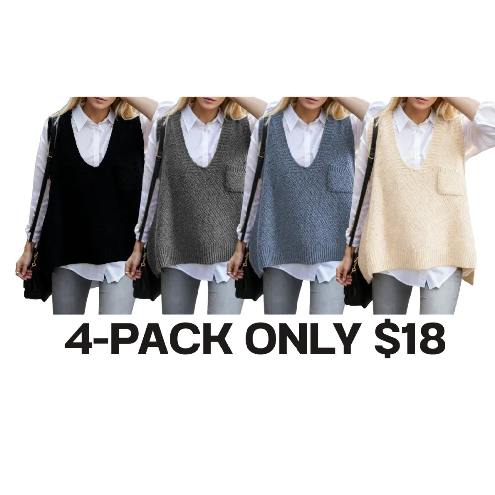 Women's Solid Pocket High Low Hem V Neck Sweater Vest