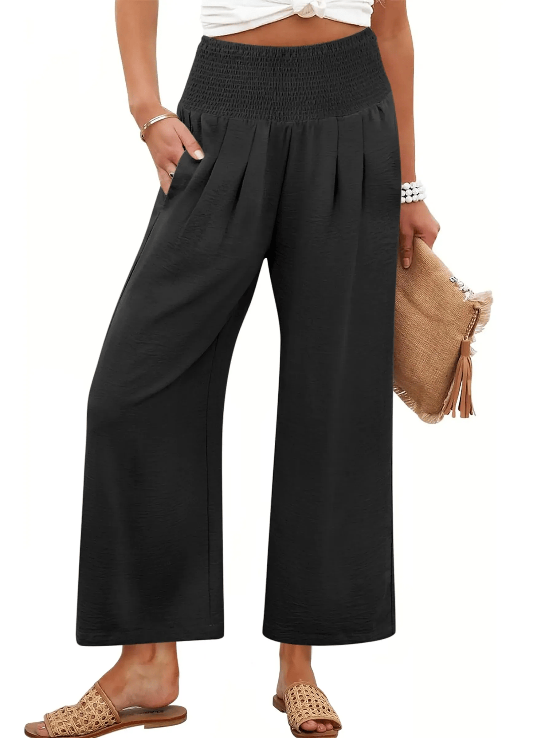 Women's Smocked Waist Wide Leg Palazzo Pants   Linen Trousers Solid Color Summer Pants Ladies Loose Fit Casual Wide Leg Pants with Pockets Lightweight Palazzo Long Pants Casual Beach Holiday