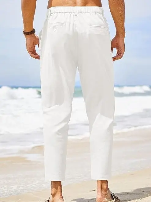 Mens Casual Linen Pants Elastic Waist Linen Pants