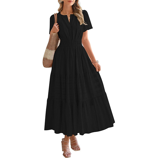 Women's Spring And Summer Lightweight Short Sleeve V Casual Midi Maxi Dresses