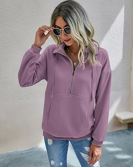 Women’s Soft Long Sleeve Drawstring Pullover Casual Loose Sweatshirt With Zipper