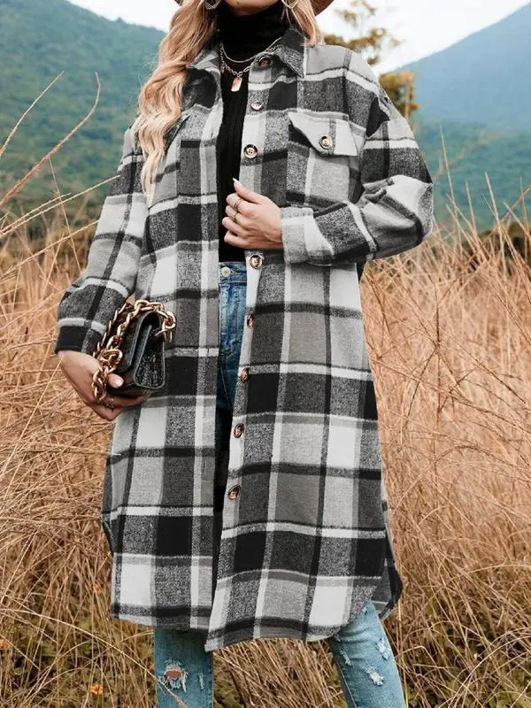 Women's Plaid Print Button Front Coat