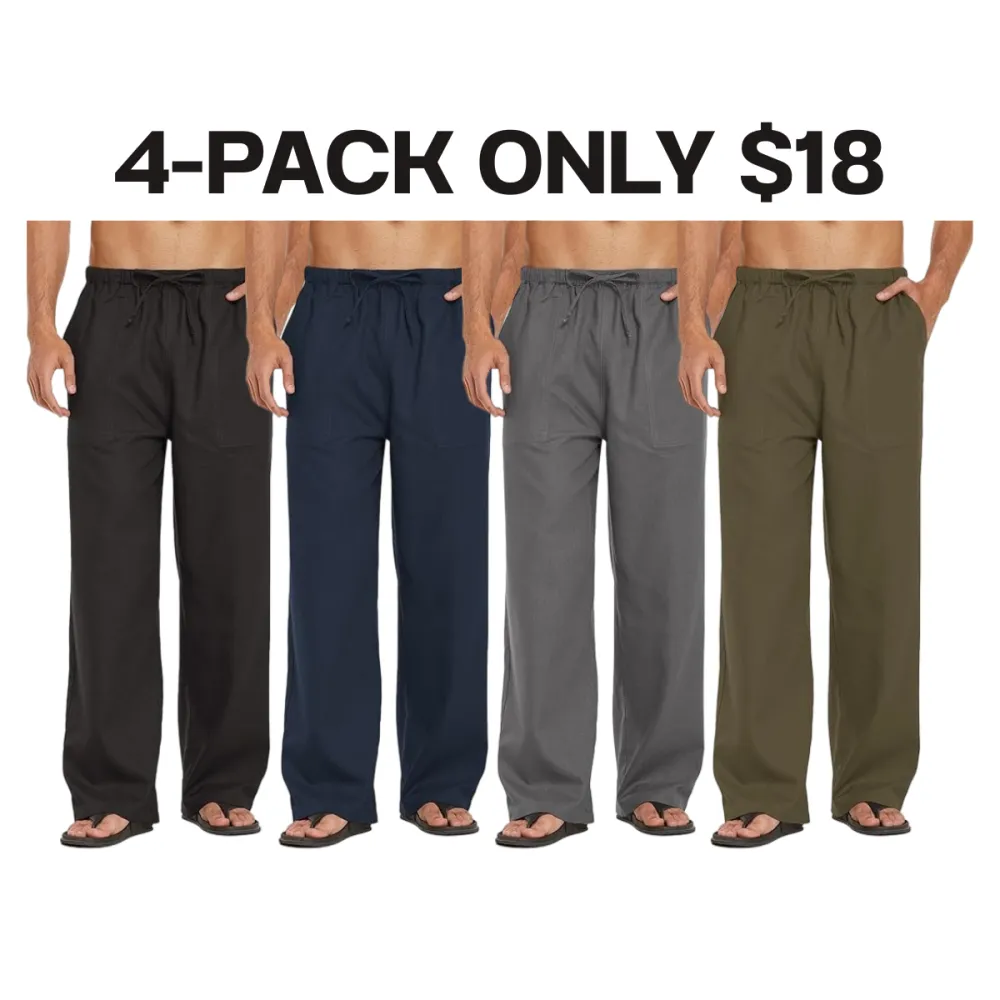 Mens Casual Linen Pants Elastic Waist Linen Pants