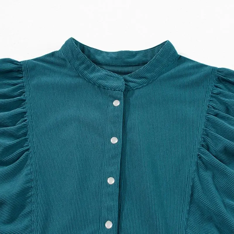 Women’s Corduroy Snap Buttons Empire Waist Bracelet Sleeve Plain Dress with Puff Sleeves