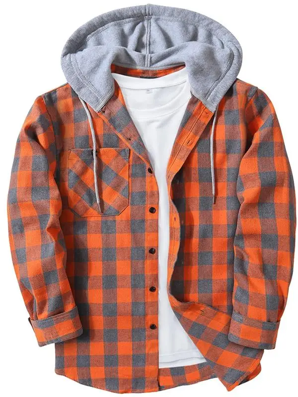 Men's Plaid Print Button Front Drawstring Hooded Shirt