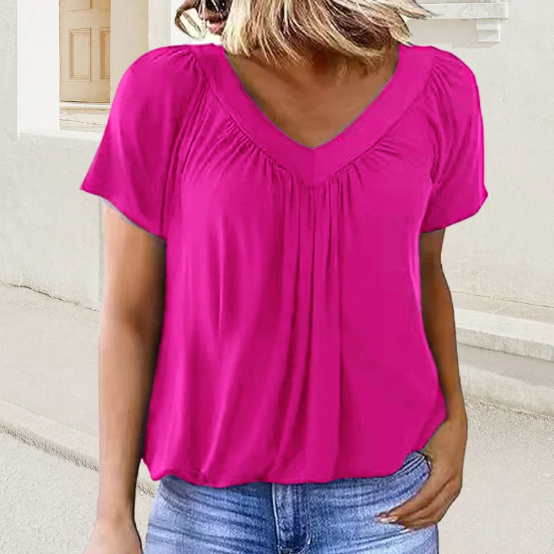 🎁Hot Sale 8 PACK $24.96⏳Women's Casual Pleated V-Neck Short-Sleeve Top