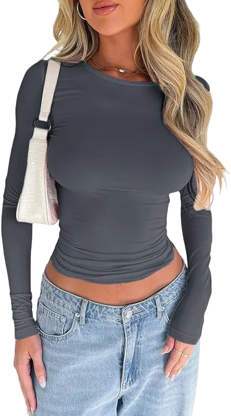 Women's New Trendy Round Neck Long Sleeve Crop Tee