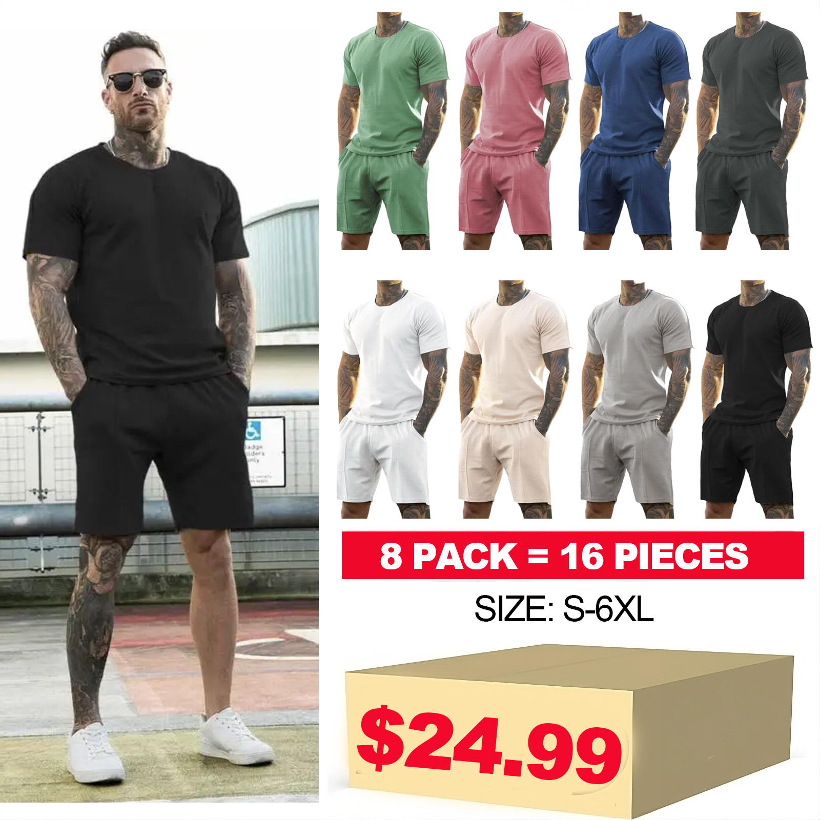 8 Pack-Mens Short Sets 2 Piece Outfits Fashion Summer Tracksuits Casual Set