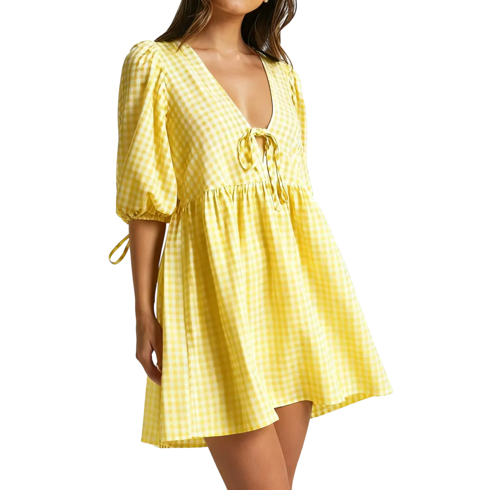 Women's Maternity Plaid Dress, Half Sleeve Bow Square Neck Loose Short Dress