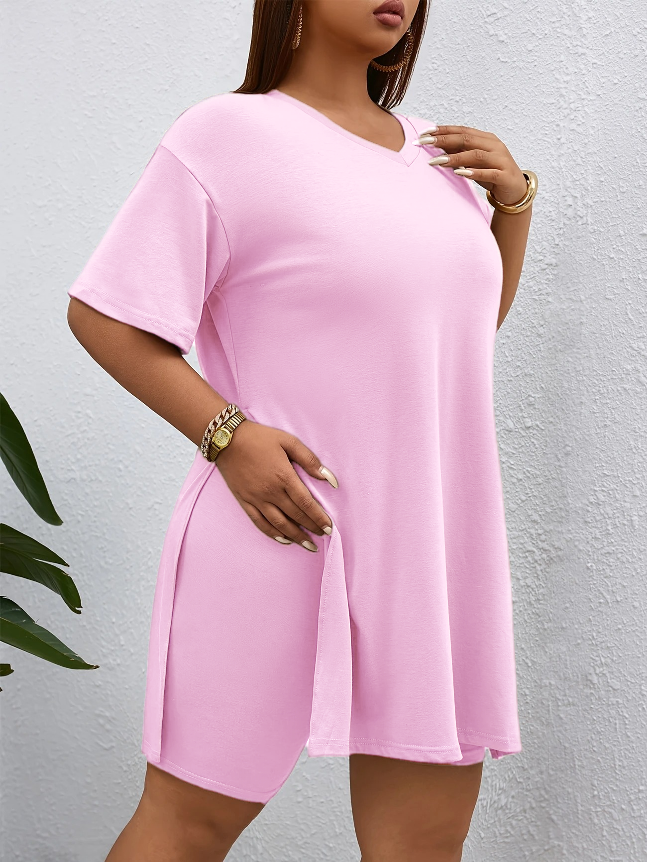 Women's 2-Piece Lounge Set Casual Oversized V-Neck Tops and High Waisted Shorts Set