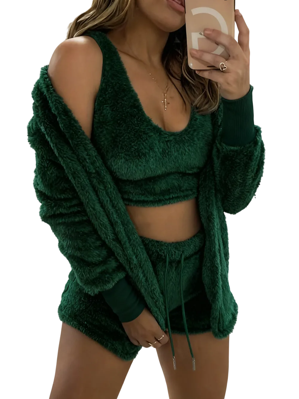Women's 3-Piece Plush Pajama Set: Drop Shoulder Hoodie, Crop Top & Shorts