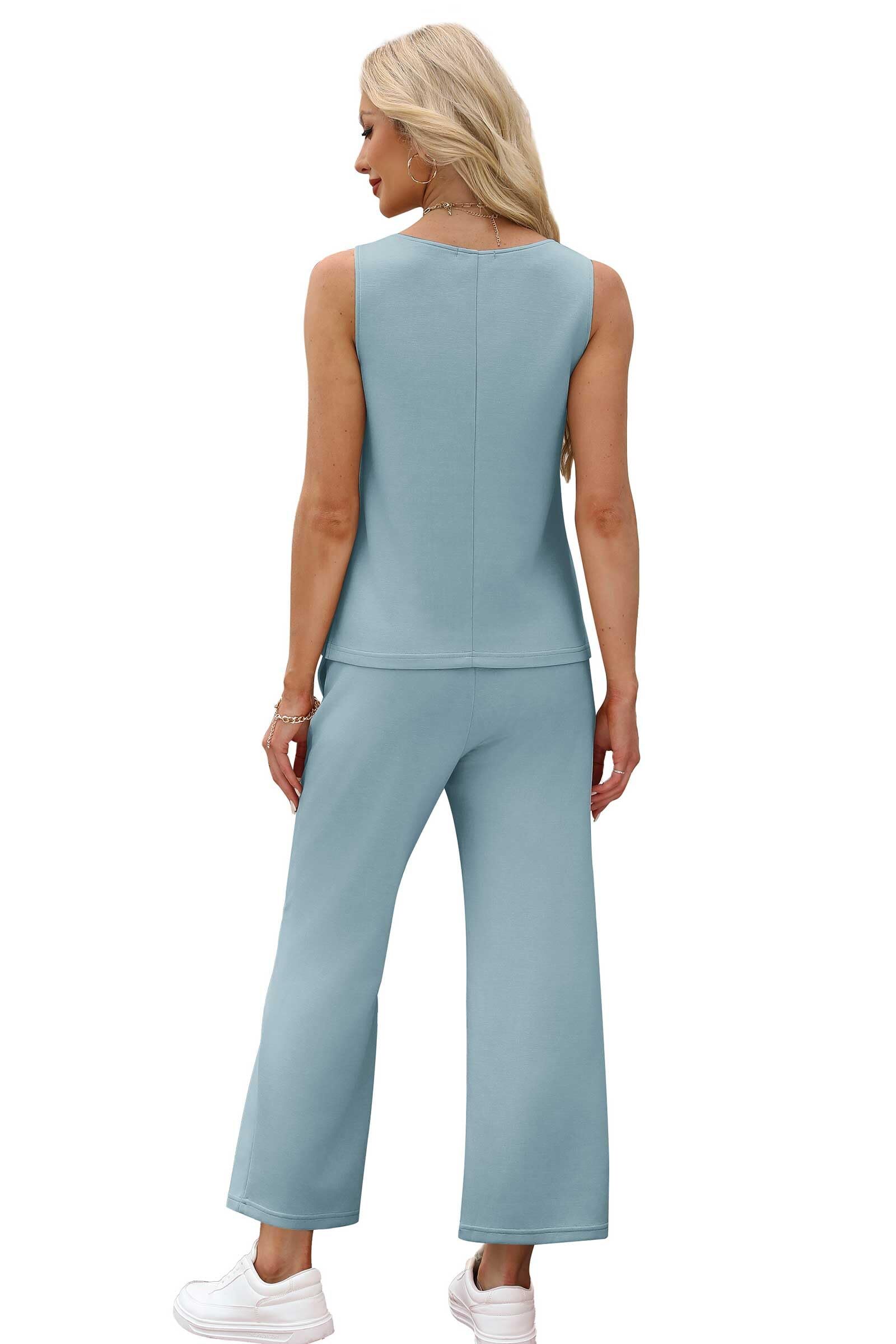 Two Piece Sets for Women Spring/Summer Lounge Sets-Crew neck sleeveless tops with wide leg crop pants