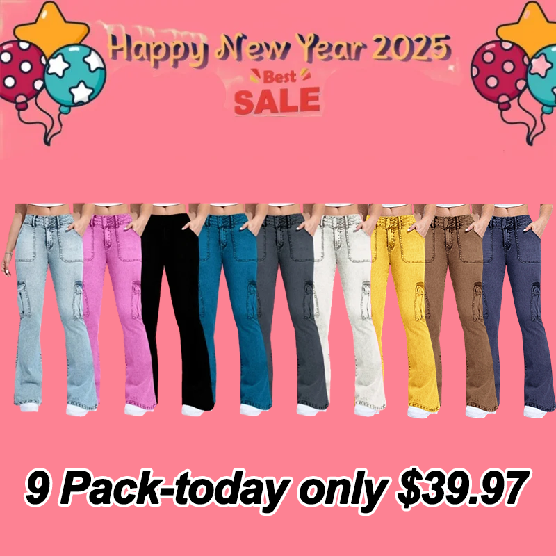 Multi Pocket Double Button Mid Rise Flare Cargo Jeans