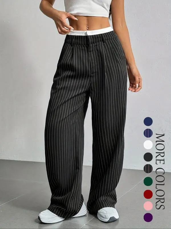 Women's All Over Striped Print Pocket Wide Leg Pants