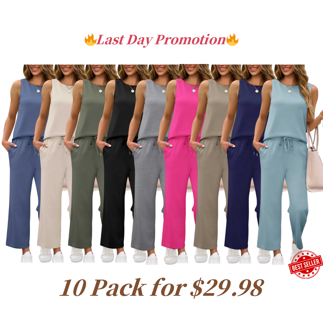 Two Piece Sets for Women Spring/Summer Lounge Sets-Crew neck sleeveless tops with wide leg crop pants