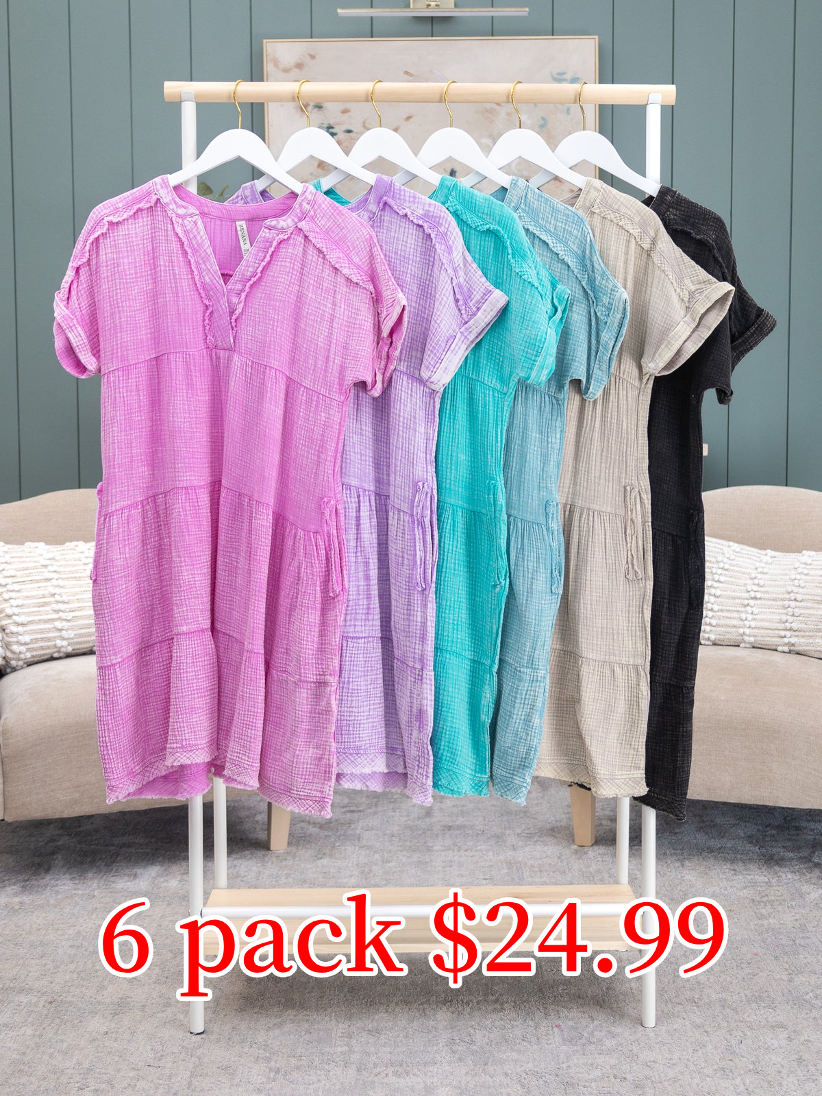 🔥2025 Hot Sale🔥 Washed Linen Double Gauze V Neck Tiered Dress w/ Pockets