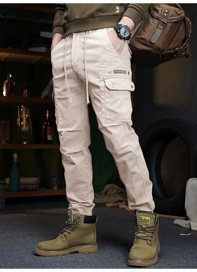 Men's Outdoor New Fashion Trend all Tie Leg Biker Overalls Men's Cargo Pants Tactical Military Pants Work Army Cotton Trousers with Multi-Pockets Men's Trousers